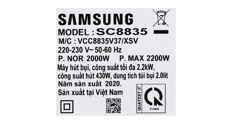 Công suất - Máy hút bụi Samsung VCC8835V37/XSVN