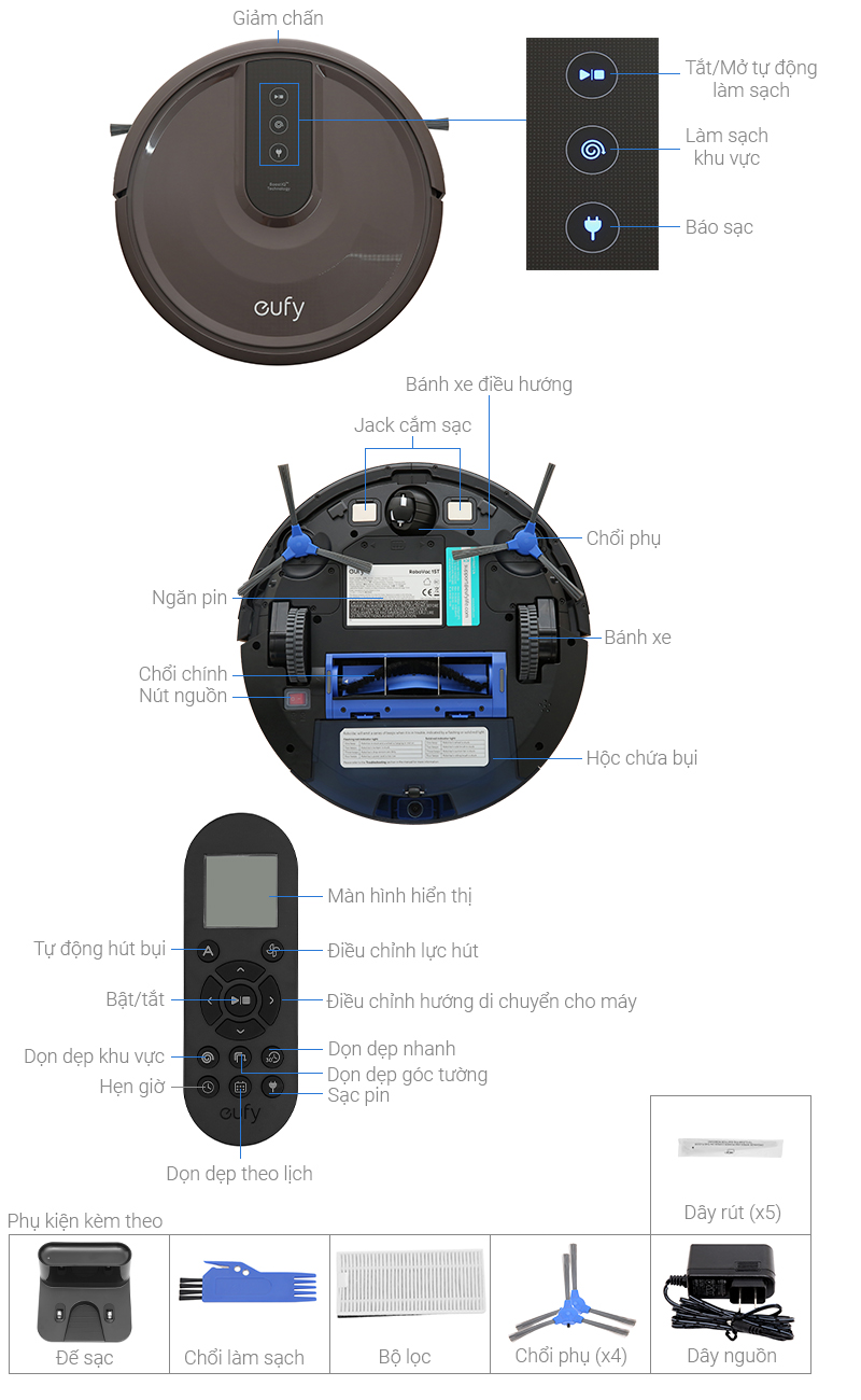 Thông số kỹ thuật Robot hút bụi Eufy Robovac 15T - T2115 Nâu