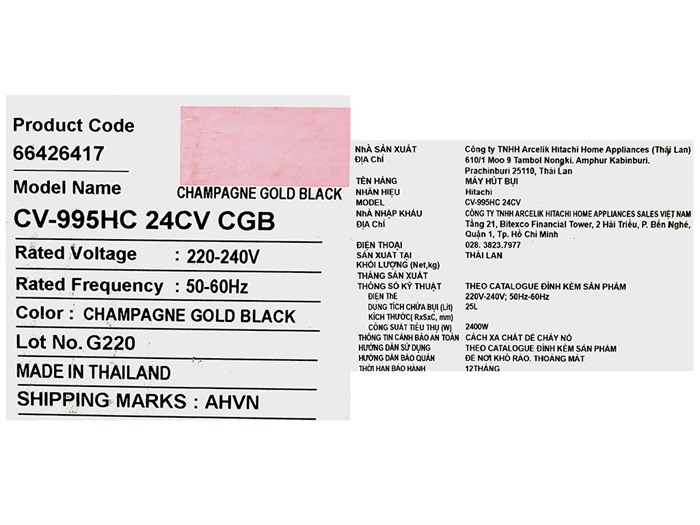 Máy hút bụi công nghiệp Hitachi CV-995HC 24CV CGB Màu Đen - Vàng