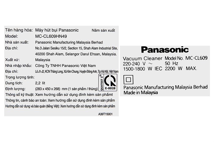 Máy hút bụi dạng hộp Panasonic MC-CL609HN49 Màu Đen - Xám