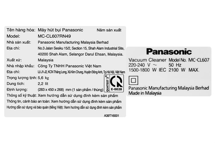 Máy hút bụi dạng hộp Panasonic MC-CL607RN49 Màu Đen - Đỏ