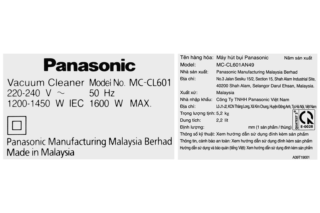Máy hút bụi dạng hộp Panasonic MC-CL601AN49 Màu Đen - xanh dương