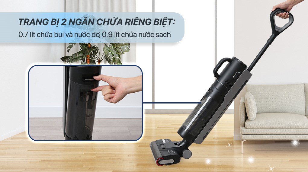 Máy hút bụi lau nhà Dreame H12 Dual với hộp chứa nước dơ có dung tích 0.7 lít, hộp chứa nước sạch có dung tích 0.9 lít