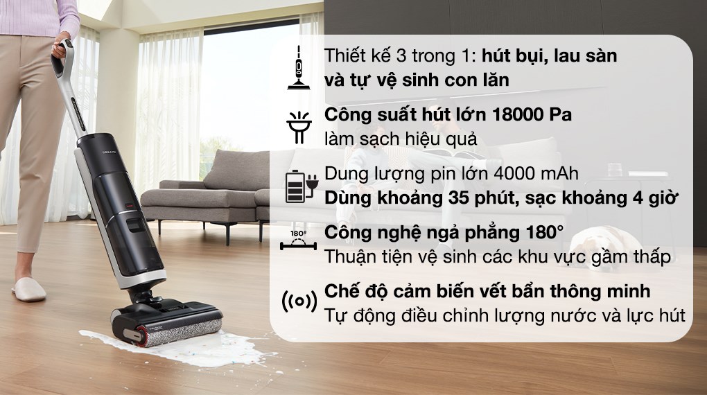Máy hút bụi lau nhà Dreame H14 được tích hợp 3 chức năng hút bụi, lau sàn và tự vệ sinh thuận tiện làm sạch nhà cửa hiệu quả