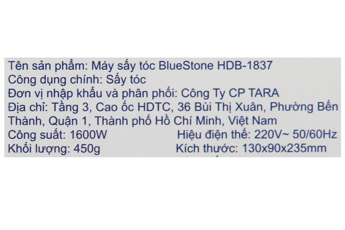 Máy sấy tóc Bluestone HDB-1837 Màu Trắng