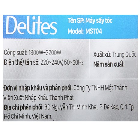 Máy sấy tóc 1800 - 2200W Delites MST04 Màu Đen
