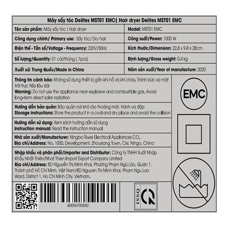 Máy sấy tóc 1000W Delites MST01 EMC BL Màu Trắng - Xanh