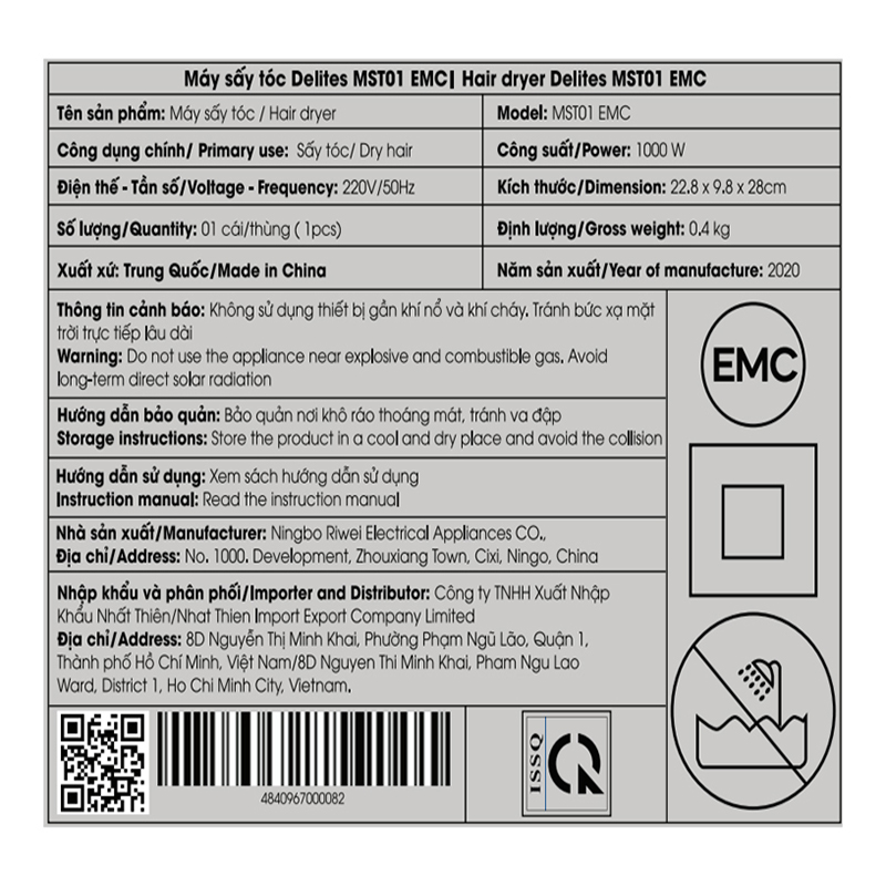 Máy sấy tóc 1000W Delites MST01 EMC BL Màu Trắng - Xanh