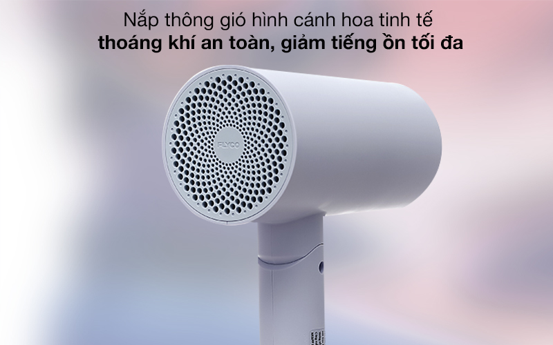 Máy sấy tóc Flyco FH6277VN đươc thiết kế với nắp thông gió hình cánh hoa giúp làm giảm tiếng ồn tối đa 