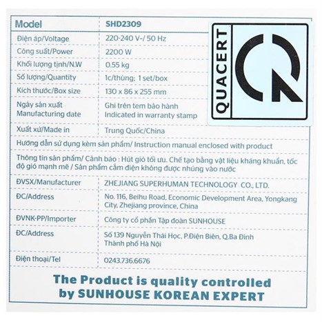 Máy sấy tóc 2200W Sunhouse SHD2309 Màu Trắng