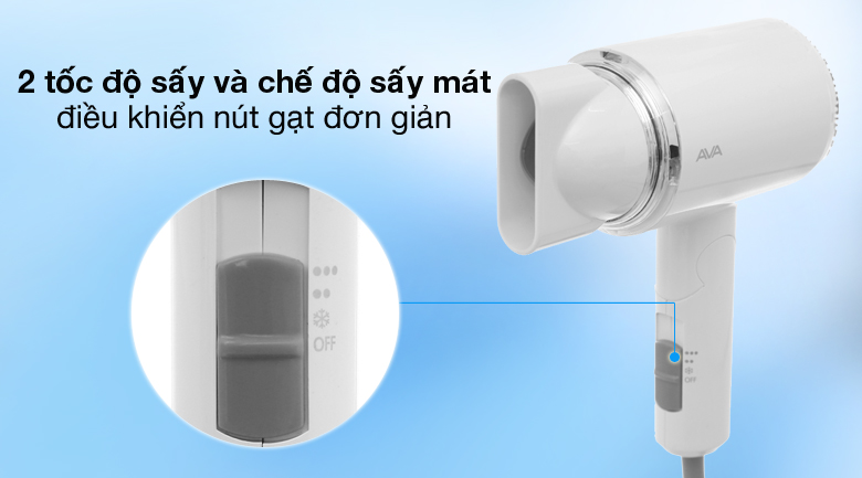 Người dùng có thể thay đổi chế độ sấy của máy sấy tóc Ava RCY-7022 bằng cách gạt điều khiển trên thân máy 