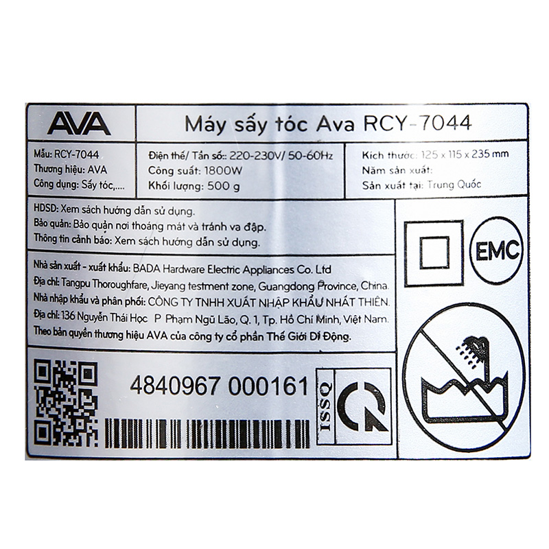 Máy sấy tóc 1800W AVA RCY-7044 Màu Đen