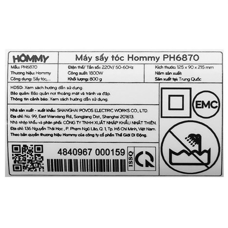 Máy sấy tóc 1800W Hommy PH6870 Màu Trắng