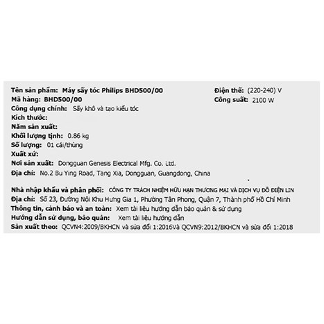 Máy sấy tóc Philips BHD500/00 Màu Trắng