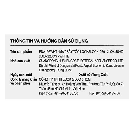 Máy sấy tóc 2000-2200W Lock&Lock ENA136WHT Màu Trắng