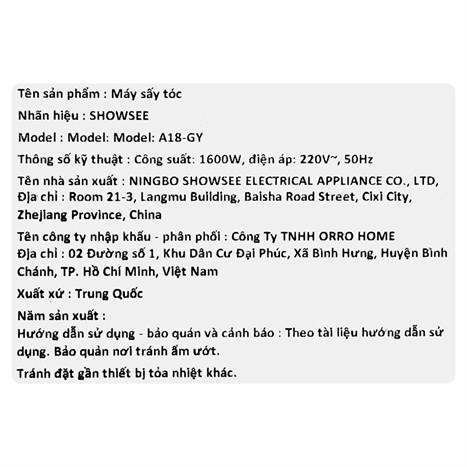 Máy sấy tóc tốc độ cao Showsee A18-GY Màu Xám