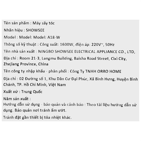 Máy sấy tóc tốc độ cao Showsee A18-W Màu Trắng