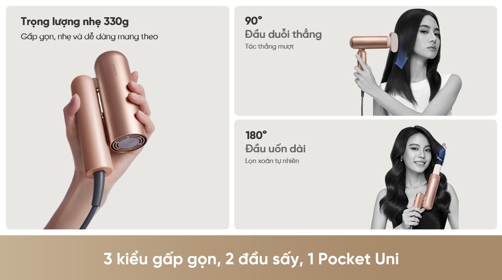 Máy sấy tóc và tạo kiểu đa năng tốc độ cao Dreame Pocket Uni AHD54 Rosy Gold