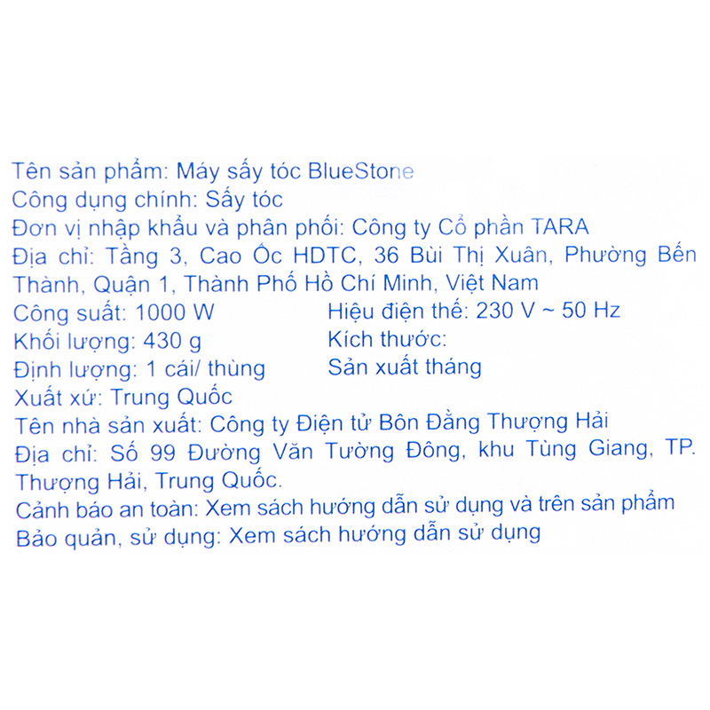 Máy sấy tóc 1000W Bluestone HDB-1821B Màu Trắng