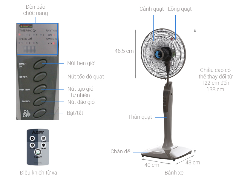 Quạt đứng Mitsubishi LV16-RV SF-GY xám nhạt