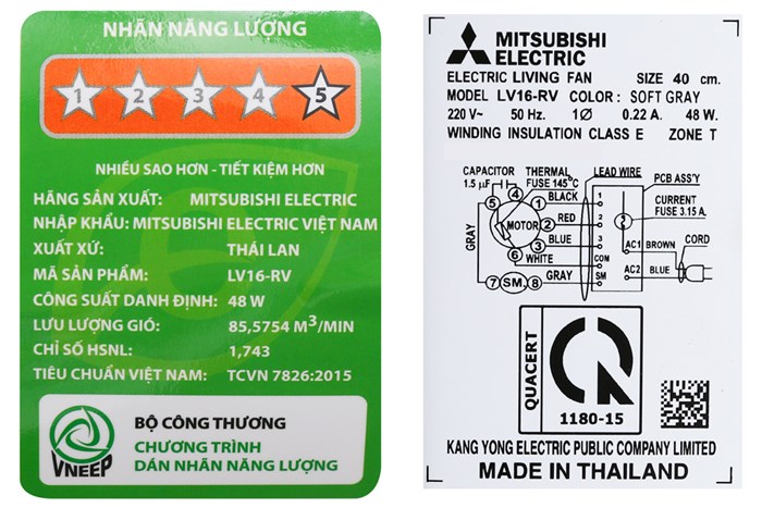 Quạt đứng Mitsubishi LV16-RV SF-GY Màu Xám nhạt