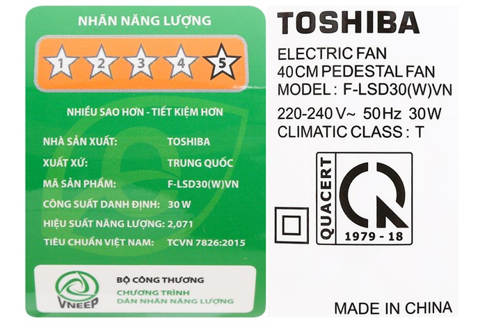 Quạt đứng Toshiba 9 cánh F-LSD30(W)VN 30W Màu Trắng