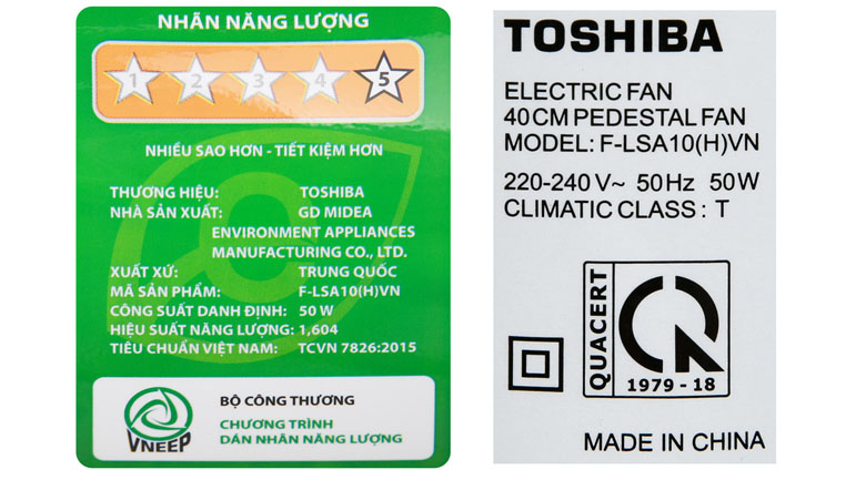 Quạt đứng Toshiba F-LSA10(H)VN - Đạt tiêu chuẩn 5 sao về tiết kiệm năng lượng