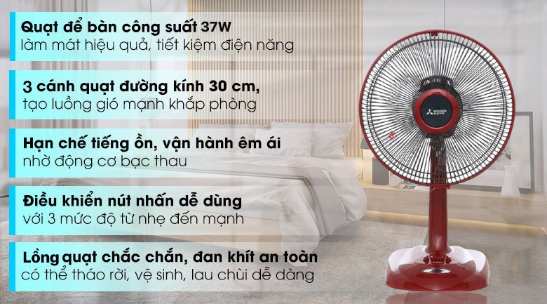 Quạt bàn Mitsubishi Electric 3 cánh D12-GA CY-RD 37W hover