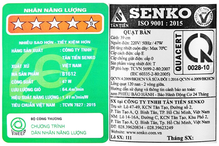 Quạt bàn Senko 3 cánh B1612 47W Màu Xanh Dương