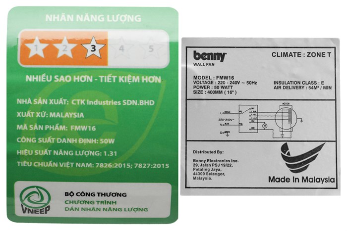 Quạt treo tường Benny 3 cánh FMW16 50W Màu Ghi