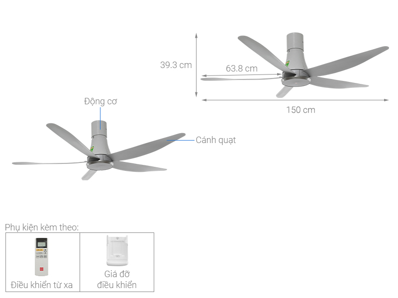 Quạt trần KDK 5 cánh DC inverter T60DW(GY) 37W
