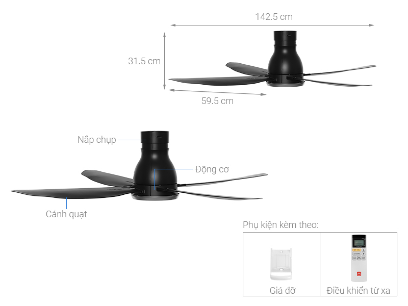 Quạt trần KDK 4 cánh W56WV(BK) 39W