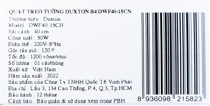 Quạt treo Duxton DWF40-15CN Màu Đen - xanh dương