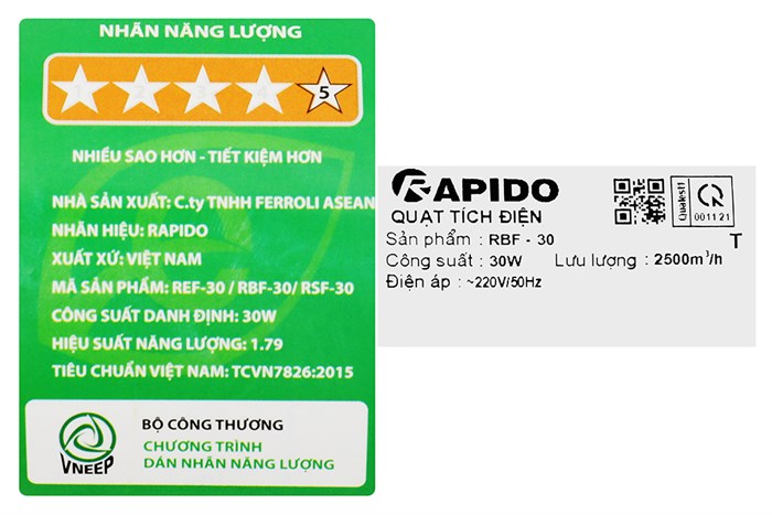 Quạt sạc điện Rapido 7 cánh RBF-30 30W Màu Trắng