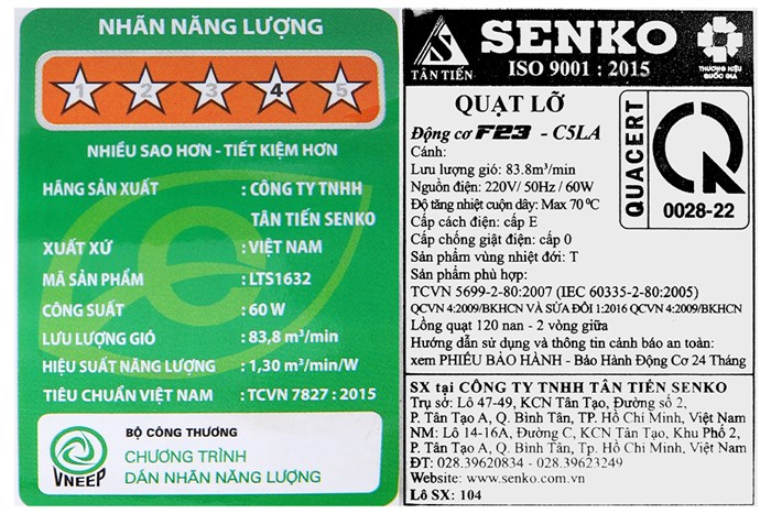 Quạt lửng Senko 5 cánh LTS1632 60W Màu Đen - Cam