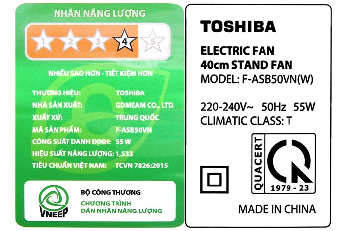 Quạt đứng Toshiba 5 cánh F-ASB50VN(W) 55W Màu Trắng