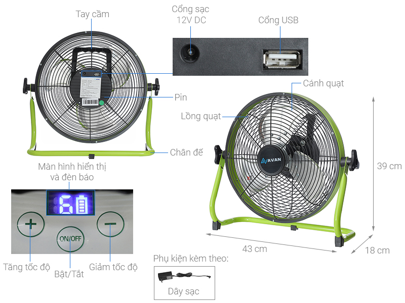 Quạt sạc điện AVAN 3 cánh AVF-C30DC 15W