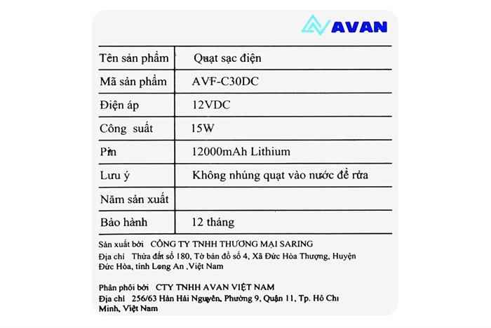 Quạt sạc điện AVAN 3 cánh AVF-C30DC 15W Màu Xanh lá