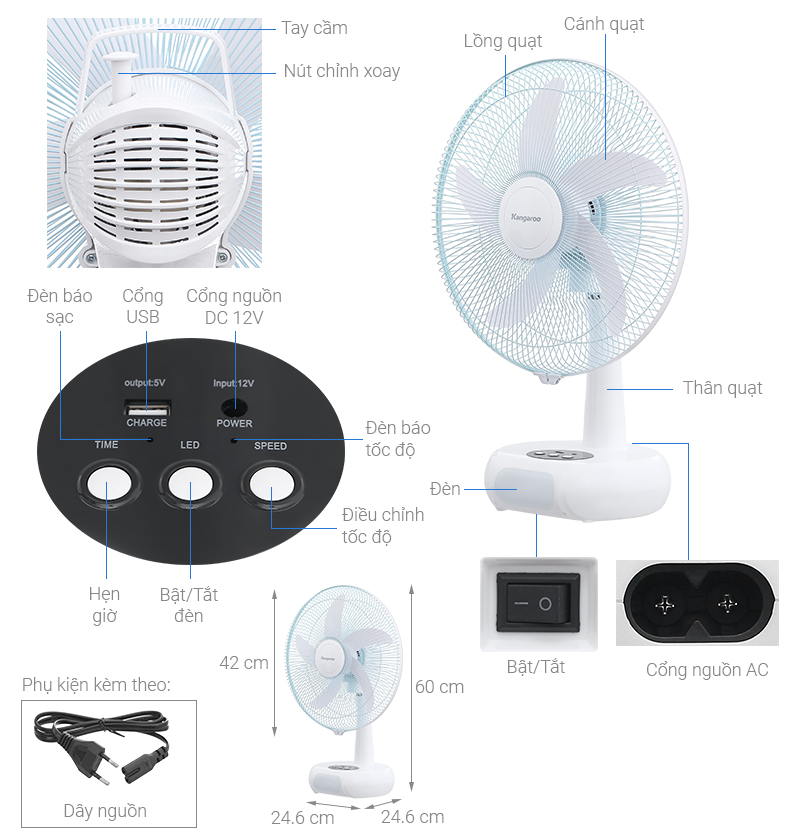 Quạt sạc điện Kangaroo 5 cánh KG745 24W