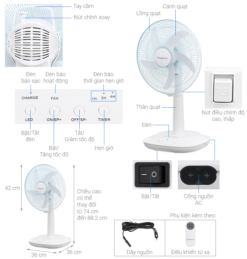 Quạt sạc điện Kangaroo 5 cánh KG748 24W