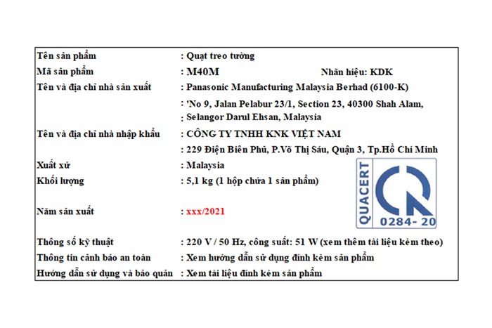 Quạt treo tường KDK 3 cánh M40M 51W Màu Đen