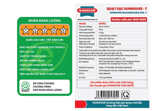 Quạt sạc điện Sunhouse SH762 Màu Trắng - Xám