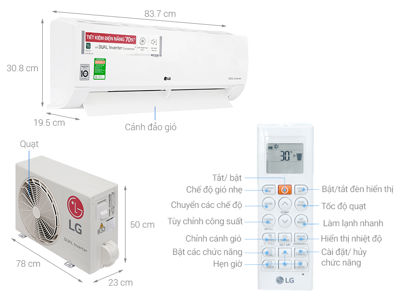 Thông số kỹ thuật Máy lạnh LG Inverter 1 HP V10ENF