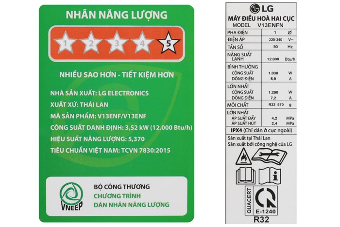 Máy lạnh LG Inverter 1.5 HP V13ENF Màu Trắng