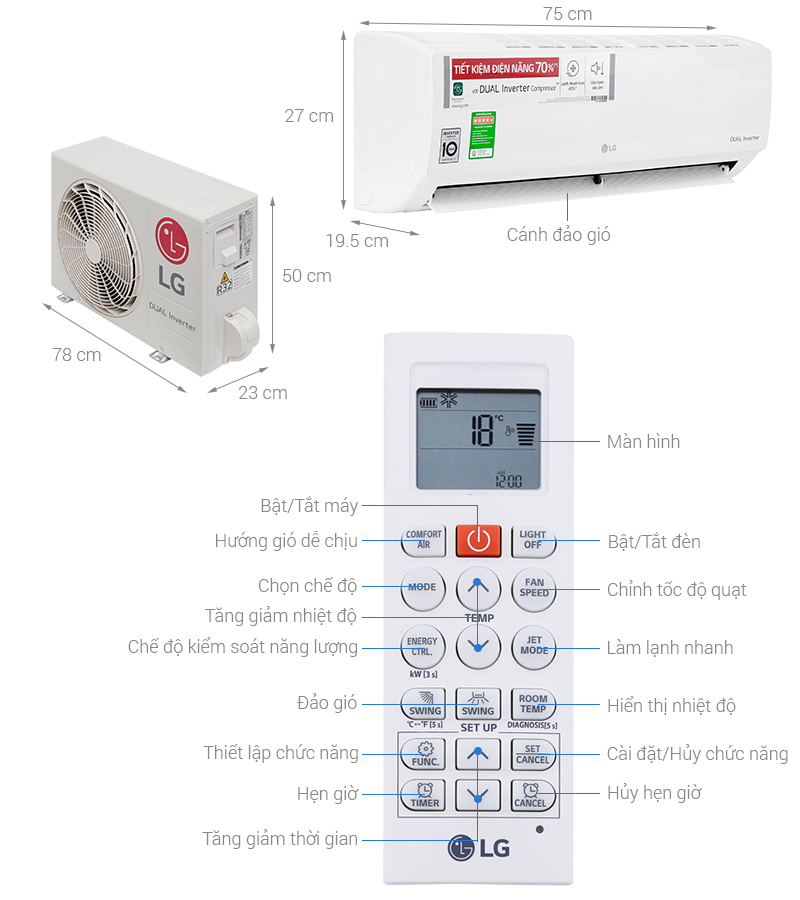 Thông số kỹ thuật Máy lạnh LG Inverter 1 HP V10ENV