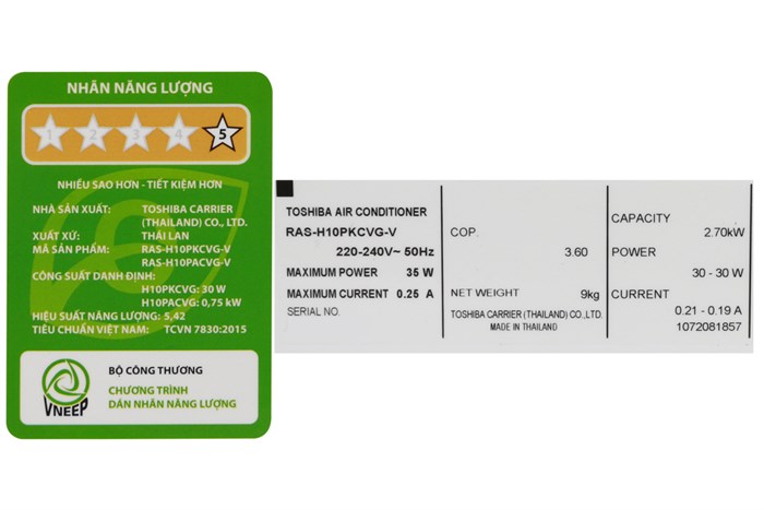 Máy lạnh Toshiba Inverter 1 HP RAS-H10PKCVG - V Màu Trắng