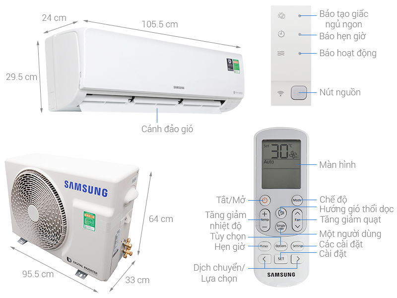 Thông số kỹ thuật Máy lạnh Samsung Inverter 2.5 HP AR24NVFHGWKNSV