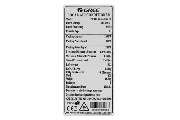 Máy lạnh di động mini Gree 1 HP GPC09AM-K6NNA1A Màu Trắng