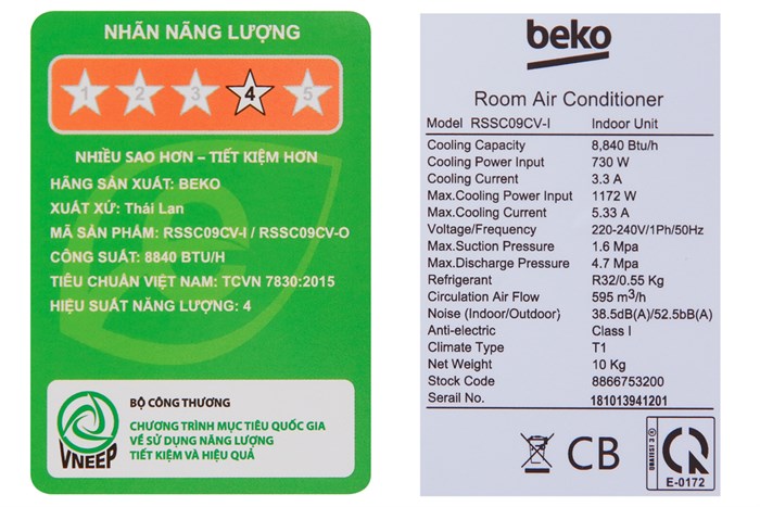 Máy lạnh Beko 1 HP RSSC09CV Màu Trắng