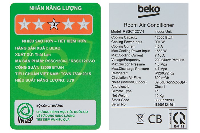 Máy lạnh Beko 1.5 HP RSSC12CV Màu Trắng